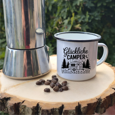 Emaille Tasse: Glückliche Camper
