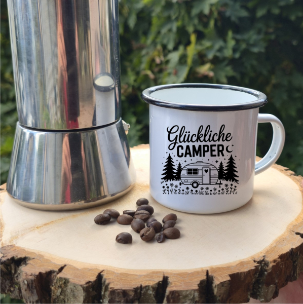 Emaille Tasse: Glückliche Camper Emaille Tasse: Glückliche Camper